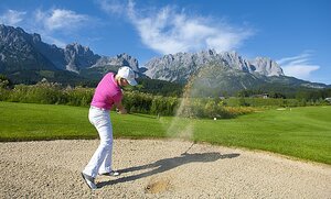 Een van de mooiste golfbanen van de Alpen: de Wilder Kaiser golfbaan met de coulisse van de Wilder Kaiser.