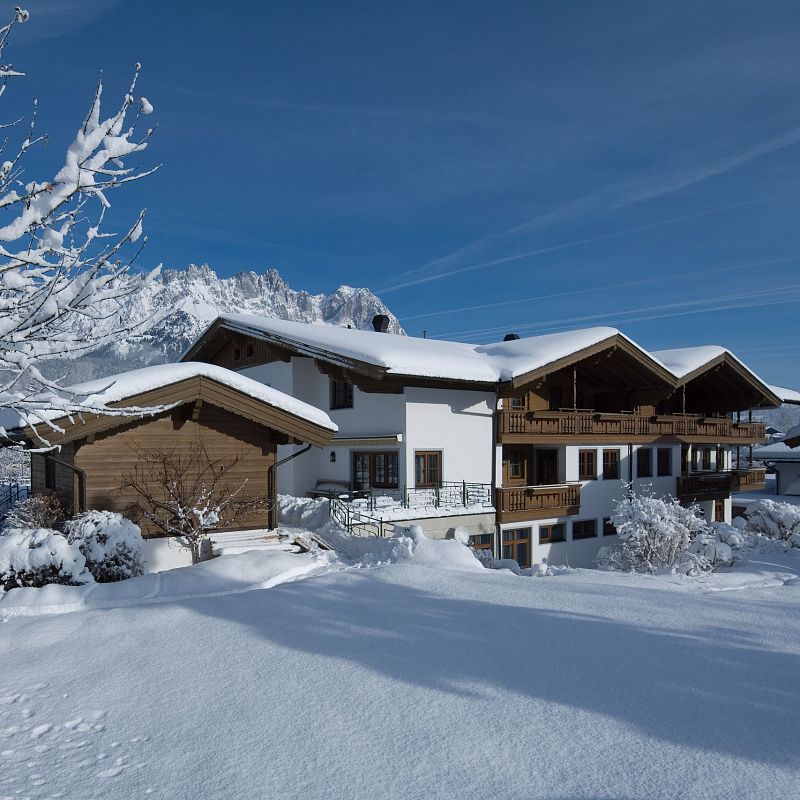 Winterliche Landschaft mit einem traditionellen Chalet im Vordergrund, umgeben von schneebedeckten Bäumen und Bergen unter klarem, blauem Himmel.
